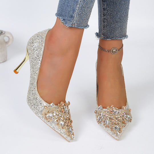 Damen Glitzernde High-Heel Pumps mit feinen Perlen- und Kristallverzierungen EB