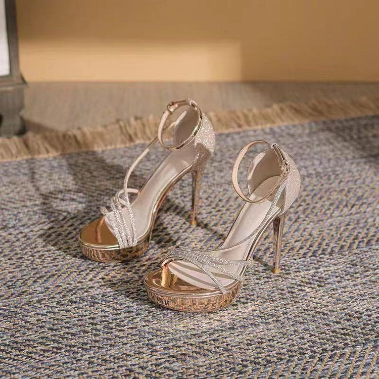 Damen Glamouröse High Heels mit glitzerndem Obermaterial und elegantem Riemchen-Design EB
