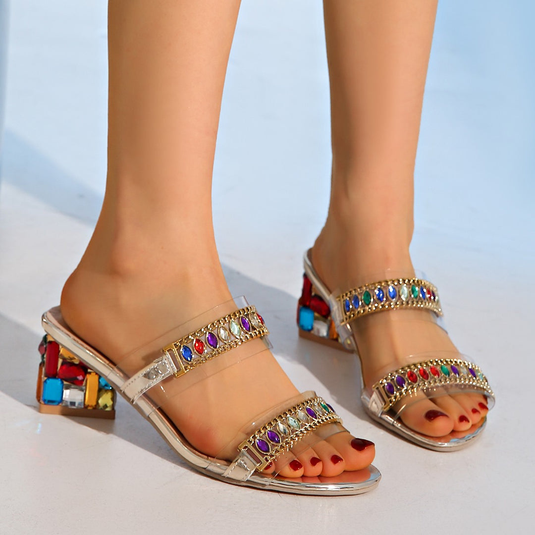 Damen Glamouröse Sandalen mit funkelnden Steindetails und transparenten Riemchen EB