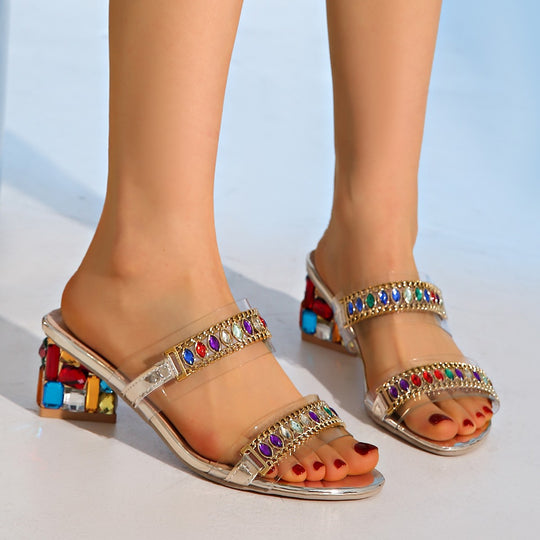 Damen Glamouröse Sandalen mit funkelnden Steindetails und transparenten Riemchen EB