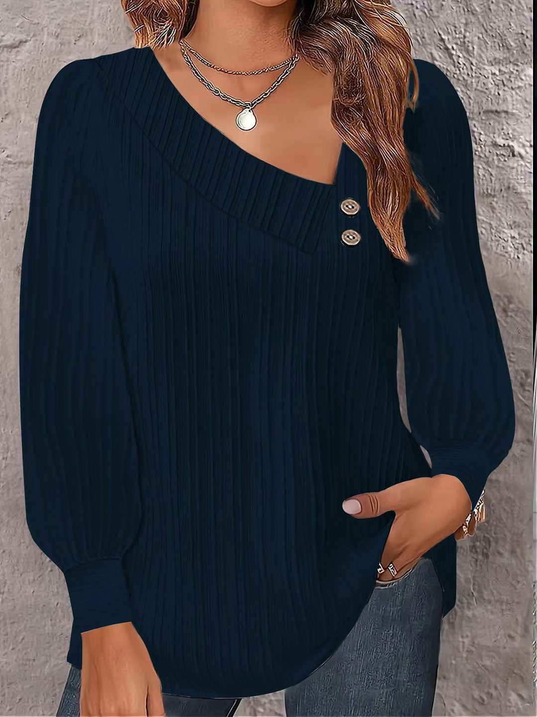Damen Modisches Langarmshirt mit plissierter Textur und dekorativen Knöpfen EB