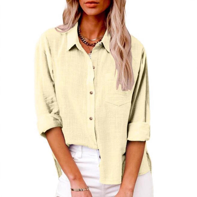 Damen lässige Leinenbluse mit kurzem Arm und Knopfdetails EB