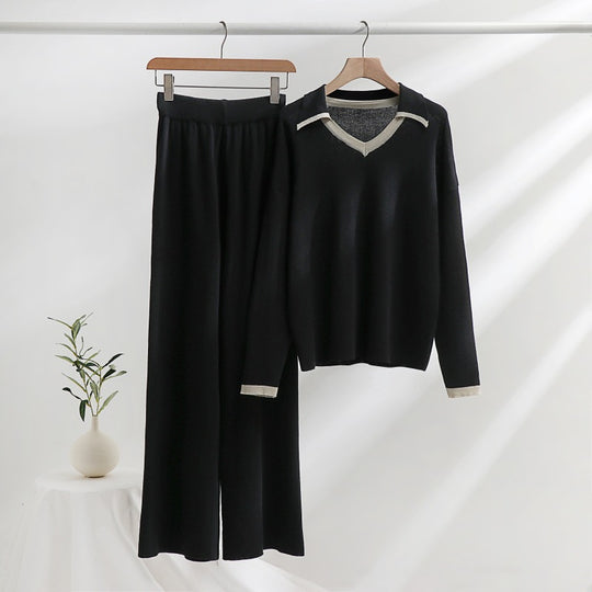 Damen gemütliches Strick-Loungewear-Set mit kontrastierendem Kragen und weitem Bein EB