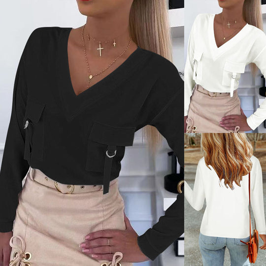 Damen V-Ausschnitt Pullover mit aufgesetzten Taschen EB