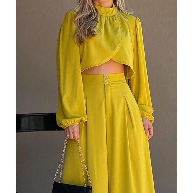 Damen Modisches Zweiteiler-Set mit elegantem Cropped-Oberteil und weit geschnittenen Hosen EB