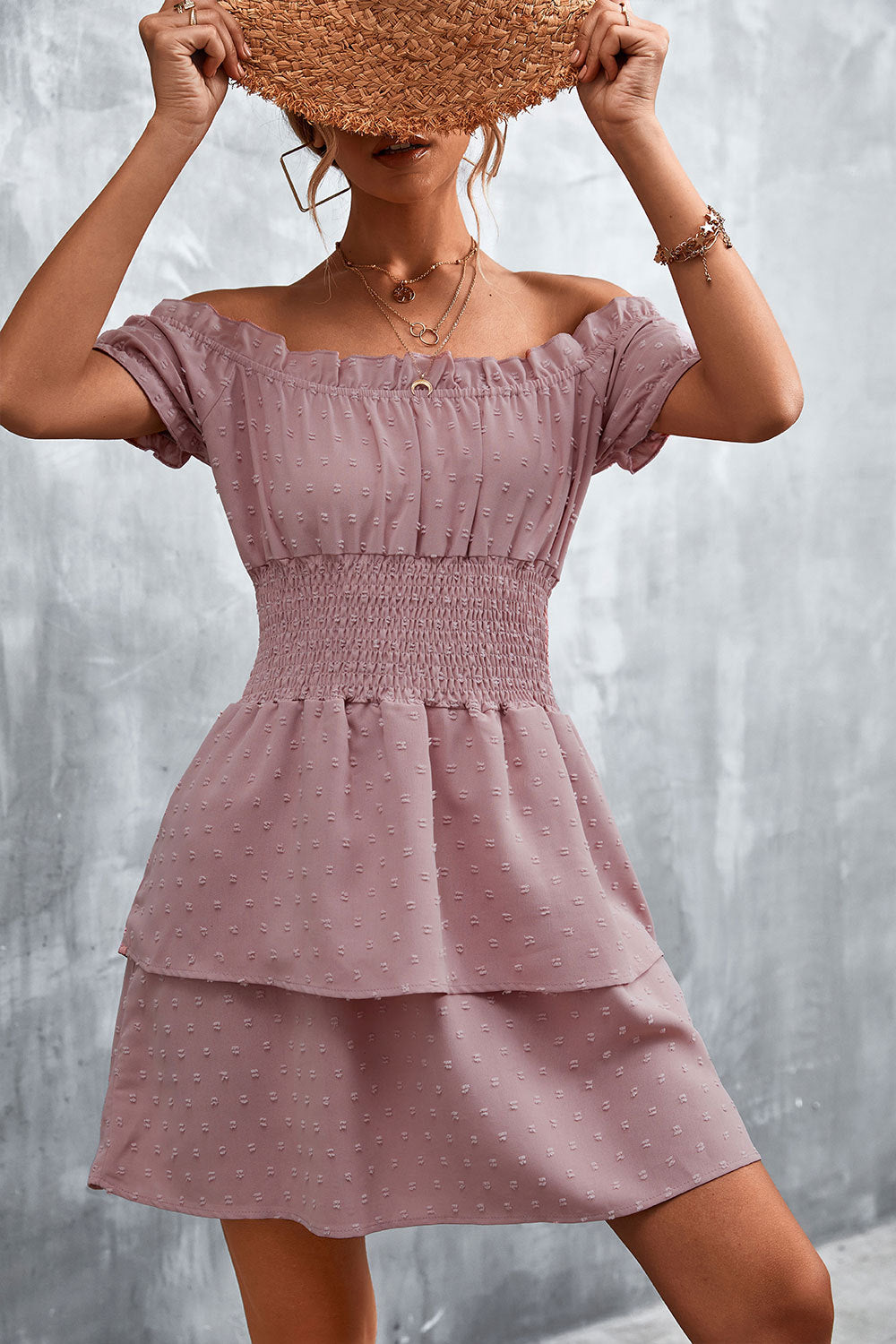 Damen Off-Shoulder Sommerkleid mit rüschenförmigem Saum und elastischem Taillenbund EB