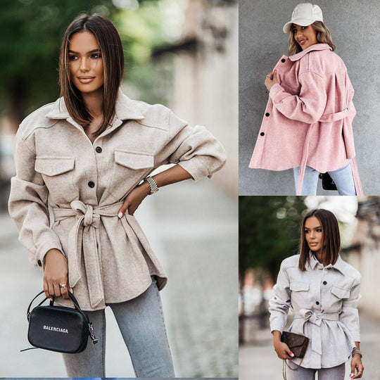 Damen modische Oversized-Jacke mit Gürtel und dekorativen Taschen EB