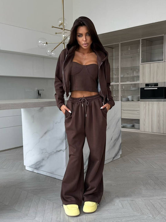 Damen Sculpting-Corsagen-Crop mit Kapuzen-Zipjacke und weiter High-Waist-Jogginghose EB