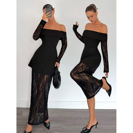 Damen Spitzen Abendkleid mit schulterfreiem Design und langen Ärmeln EB