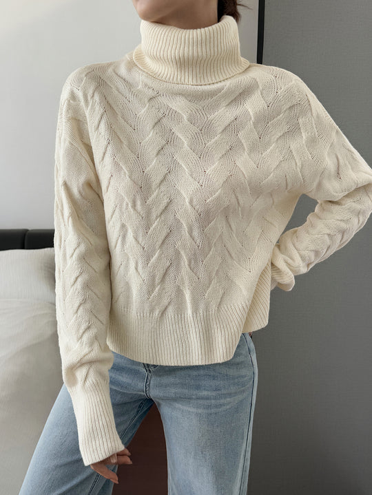 Damen nan grobstrick Rollkragenpullover mit Zopfstruktur, oversized Schnitt und längeren Ärmeln EB