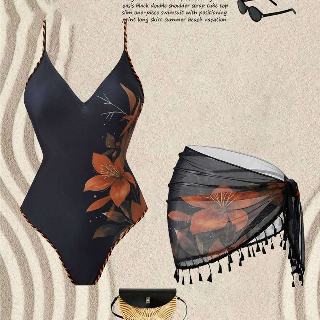 Damen Mode-Badeanzug mit floralem Design und transparentem Wickelrock EB