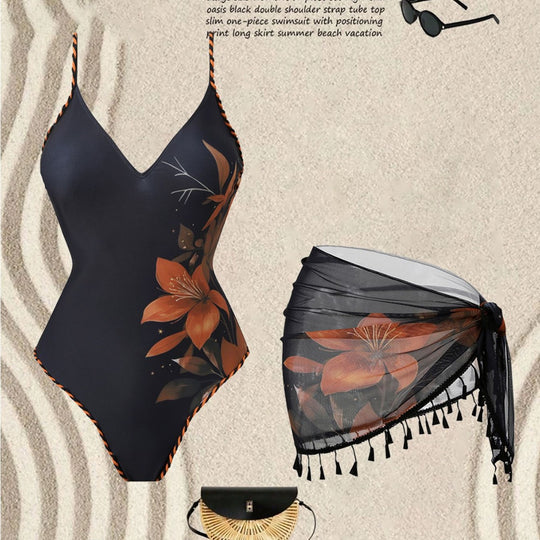Damen Mode-Badeanzug mit floralem Design und transparentem Wickelrock EB