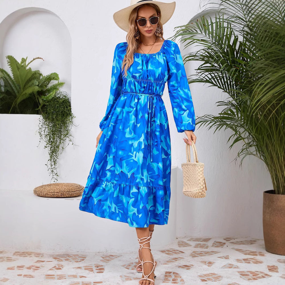 Damen Maxikleid mit floralem Design und elastischem Taillengürtel EB