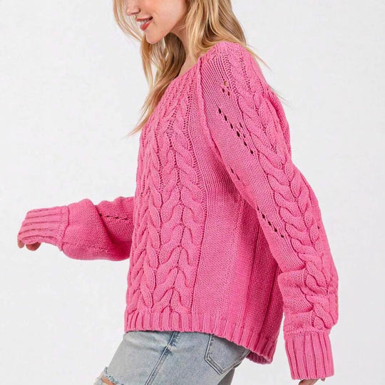 Damen Grobstrickpullover mit voluminösen Ärmeln und feinem Lochmuster EB