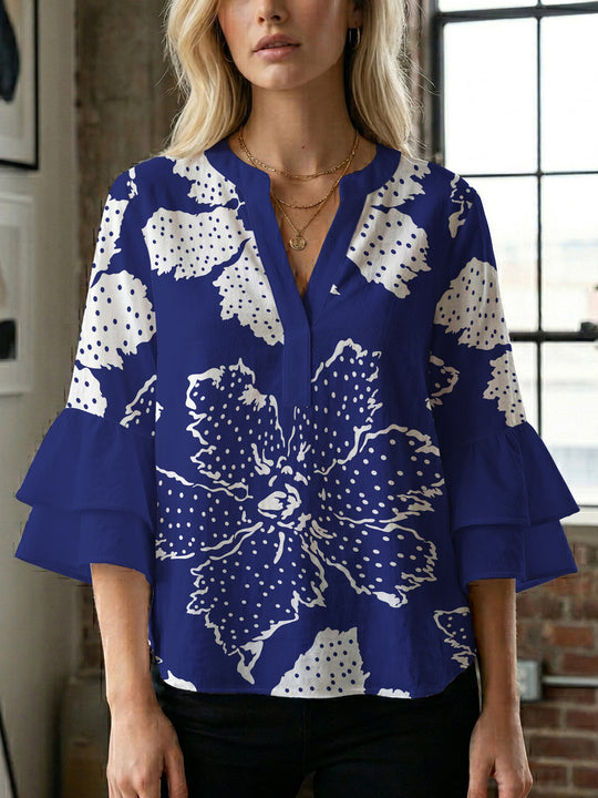 Damen elegantes Blusenshirt mit voluminösen Rüsenärmeln und grafischem Blumendesign EB