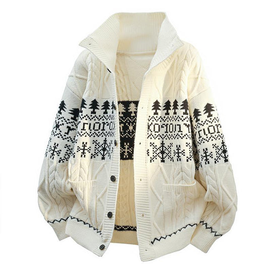 Damen nan gestrickter Norweger-Cardigan mit Stehkragen, Zopfmuster und aufgesetzten Taschen EB