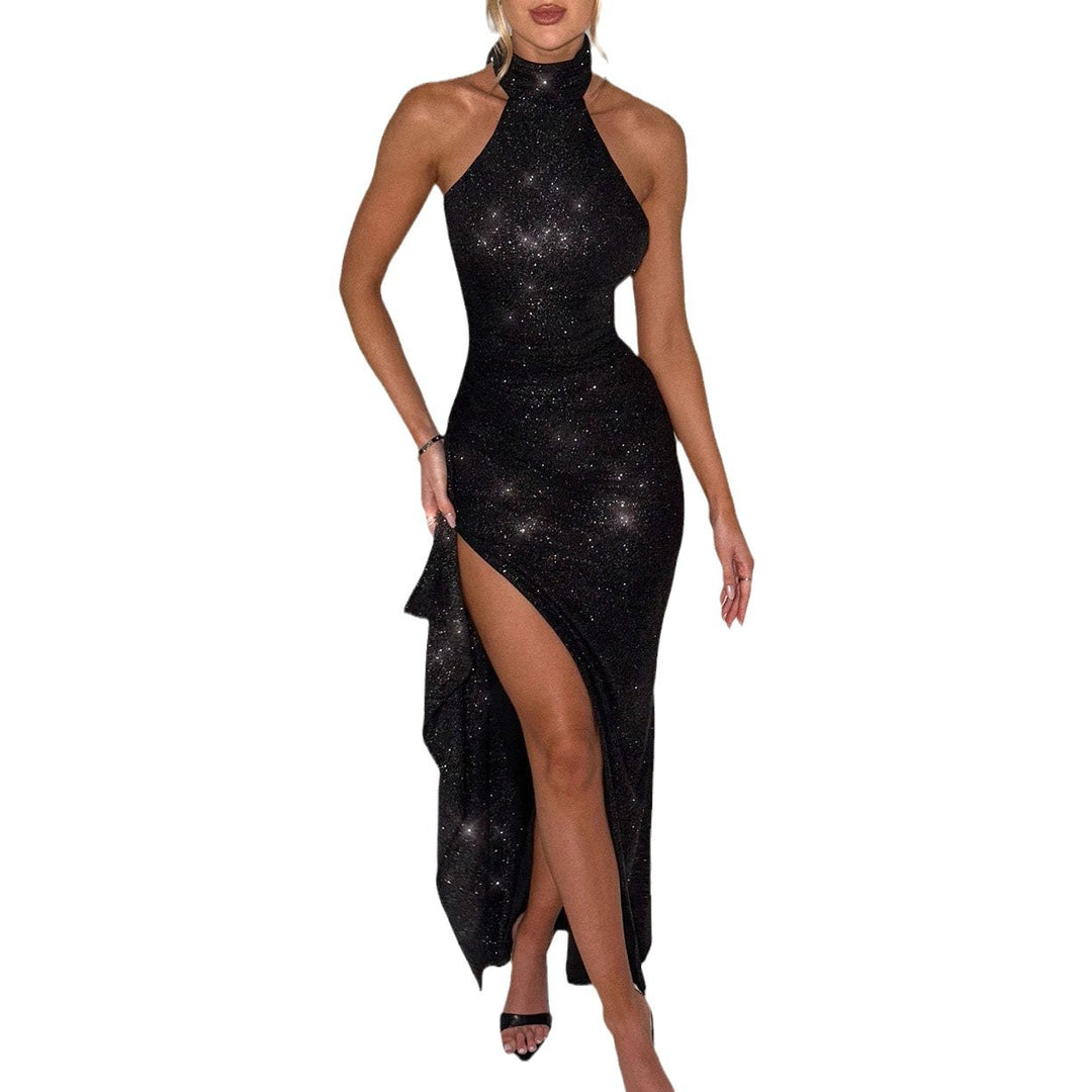 Damen Glamouröses Abendkleid mit Schlitz und Hochkragen EB