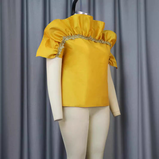 Damen elegantes Blusenshirt mit voluminösen Puffärmeln und dekorativem Spitzenrand EB