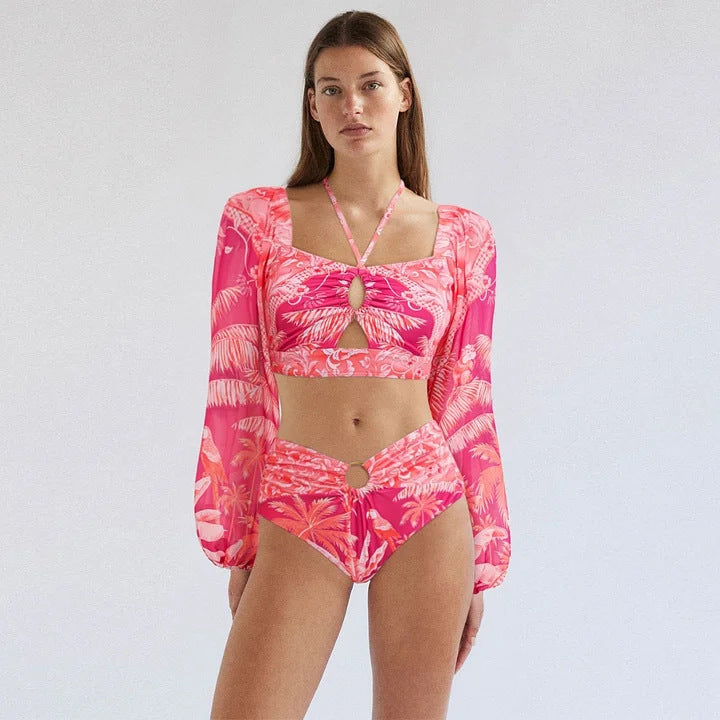 Damen Bikiniset mit transparentem Puffärmel und geflochtenem Detail EB