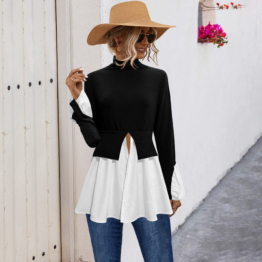 Damen Modisches Hemdblusenshirt mit hohem Kragen und asymmetrischem Schnitt EB