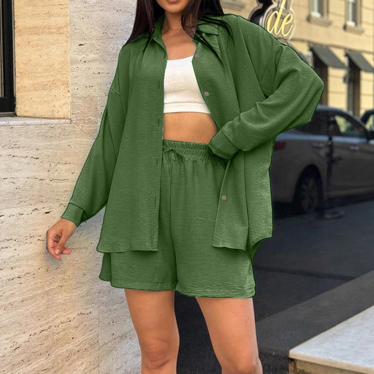 Damen lässiges Kurzarm-Set mit geknöpfter Bluse und bequemen Shorts EB