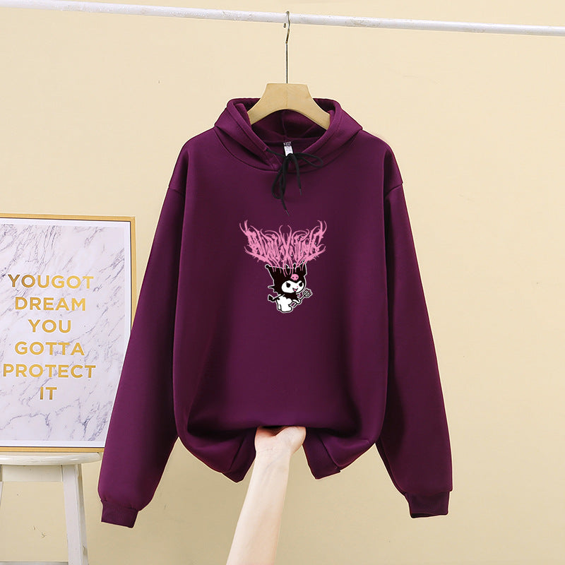 Damen nan Kapuzenpullover mit Gothic‑Kawaii Print, Oversize‑Schnitt und weichem Fleeceinnenfutter EB