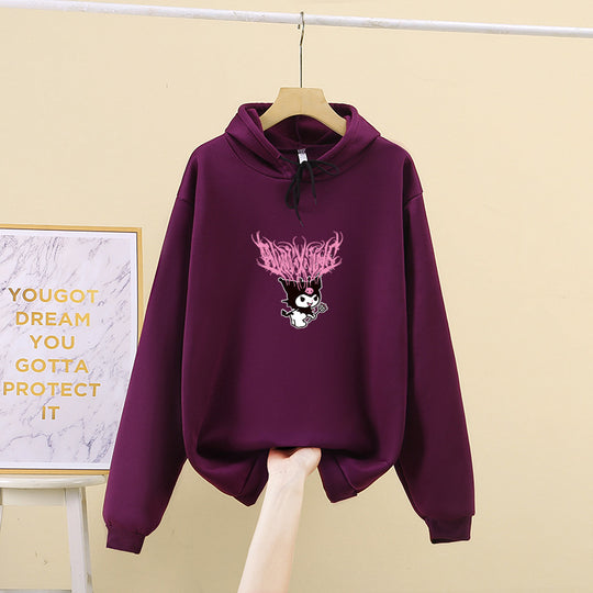 Damen nan Kapuzenpullover mit Gothic‑Kawaii Print, Oversize‑Schnitt und weichem Fleeceinnenfutter EB