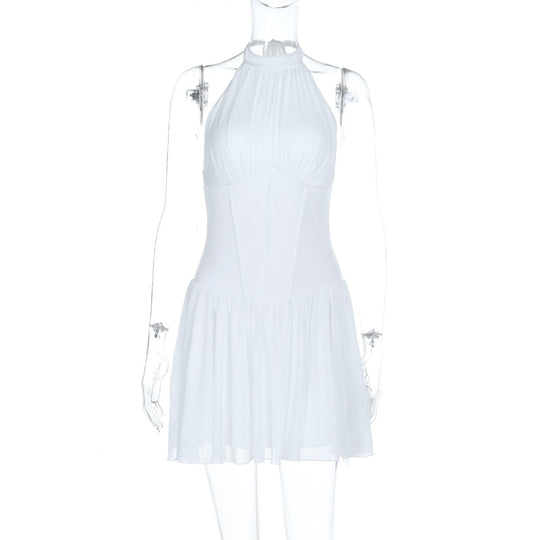Damen schulterfreies Minikleid mit elegantem Halterneck und schwingendem Rock EB