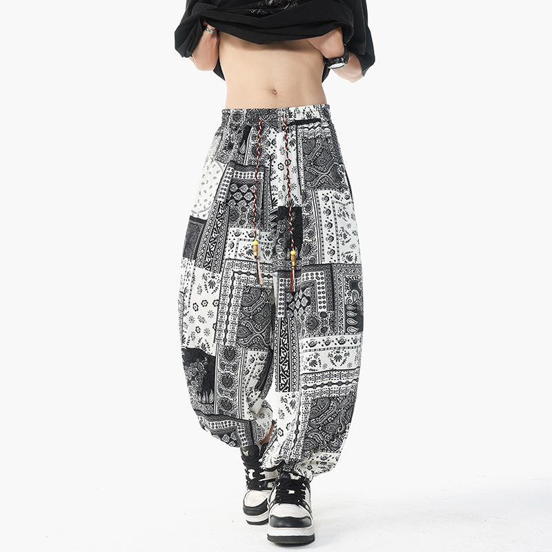 Damen nan lässige Pluderhose im Ethno-Print mit elastischem Bund, Kordelzug und gesmokten Bündchen EB