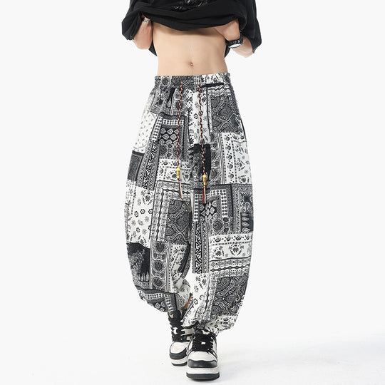 Damen nan lässige Pluderhose im Ethno-Print mit elastischem Bund, Kordelzug und gesmokten Bündchen EB