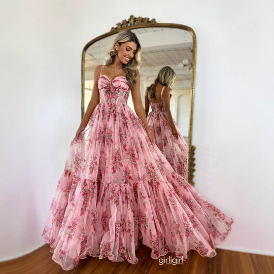 Damen Maxikleid mit floralem Tüll und voluminösem Rock EB