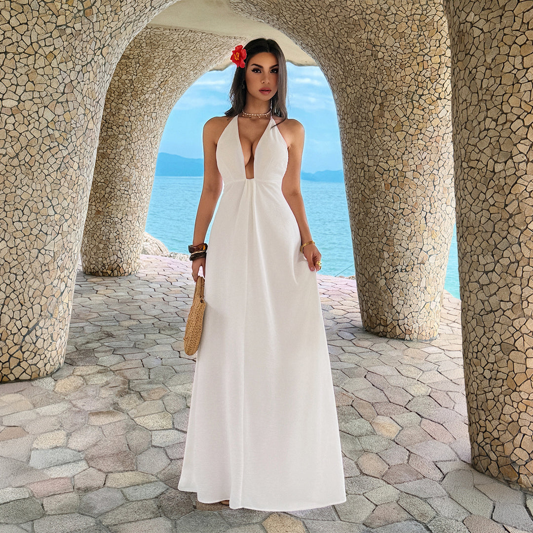 Damen Maxi-Urlaubs- und Strandkleid mit tiefem V-Ausschnitt und Rückenlöcher EB