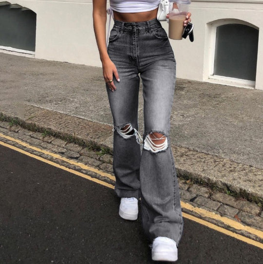 Damen Flared Jeans mit modischen Ripped-Details und hohem Bund EB