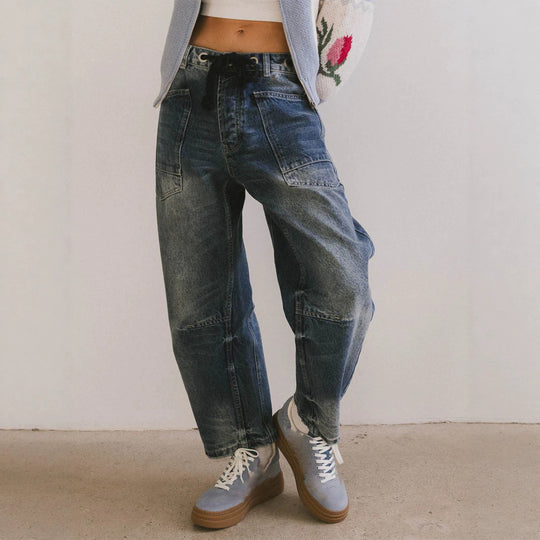 Damen nan lässige Cargo-Denim Culotte mit Kordelbund und großen aufgesetzten Taschen EB
