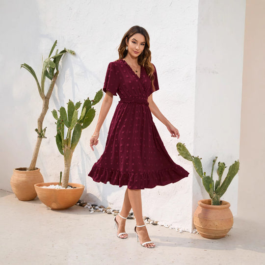 Damen Midikleid mit raffiniertem V-Ausschnitt, elastischem Taillenzug und fließendem Rock EB