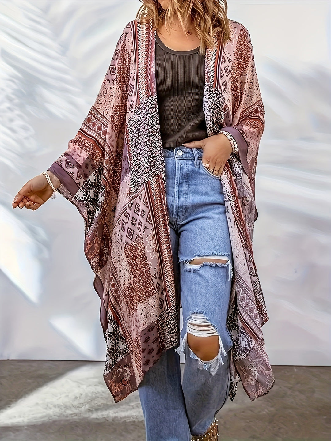 Damen Lässige Kimono-Jacke mit buntem Muster und weitem Schnitt EB
