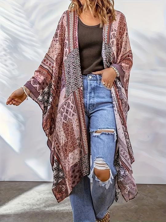 Damen Lässige Kimono-Jacke mit buntem Muster und weitem Schnitt EB