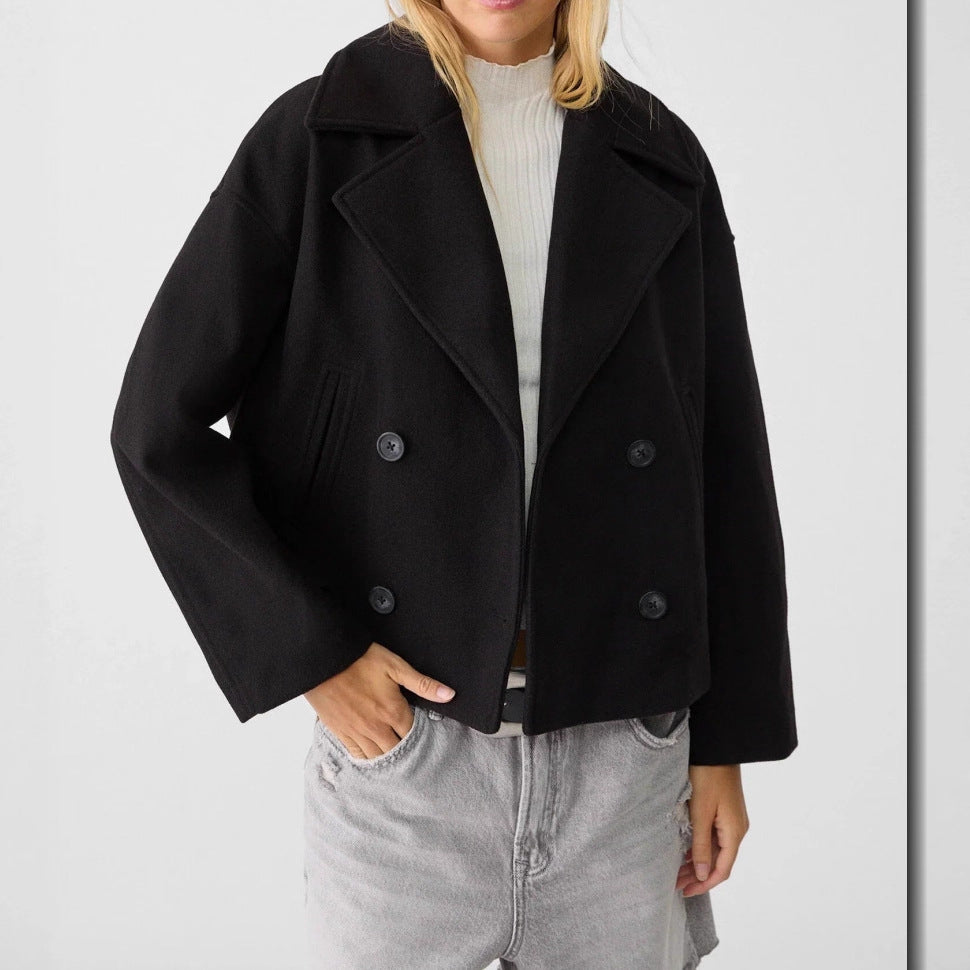 Damen nan kurz geschnittener Zweireiher Wollmix-Peacoat mit überbreitem Revers und kastiger Silhouette EB