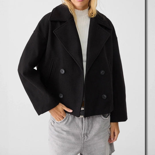 Damen nan kurz geschnittener Zweireiher Wollmix-Peacoat mit überbreitem Revers und kastiger Silhouette EB