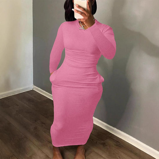 Damen Figurbetontes Rippkleid mit langem Arm und eleganter Silhouette EB
