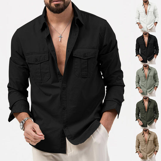 Herren nan Zweiten Brusttaschen-Hemd aus Baumwollmix mit Kentkragen und kastigem Casual-Schnitt EB