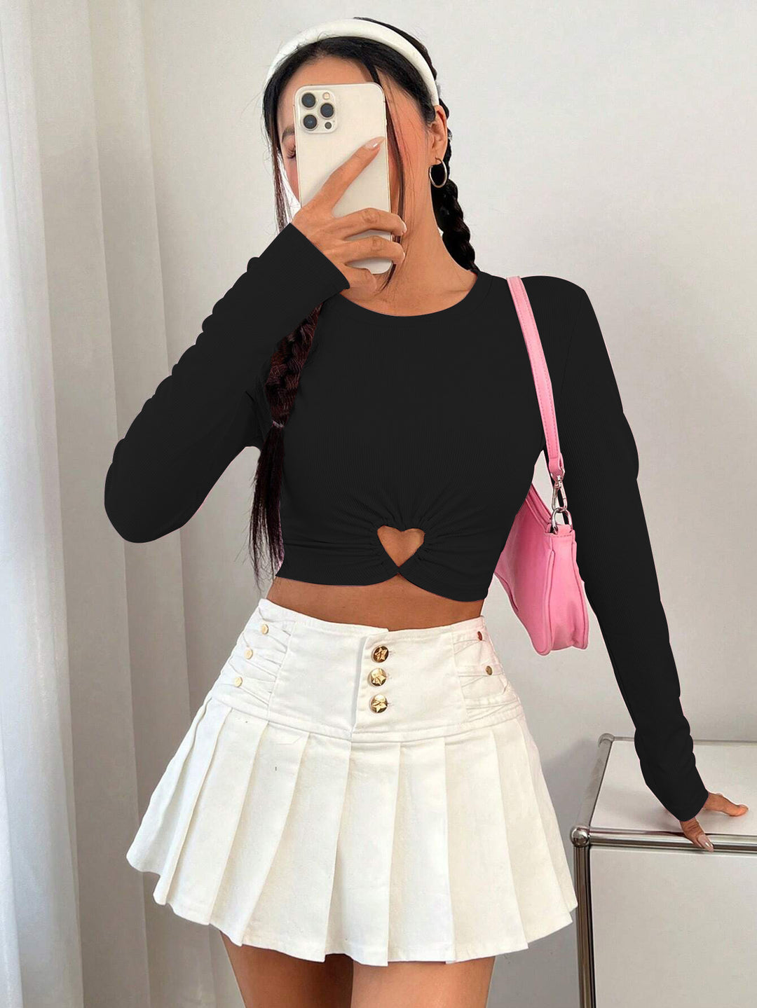 Damen gerafftes Crop-Top mit Herz-Cutout, langärmlig und feiner Rippstruktur Eichborn Berlin