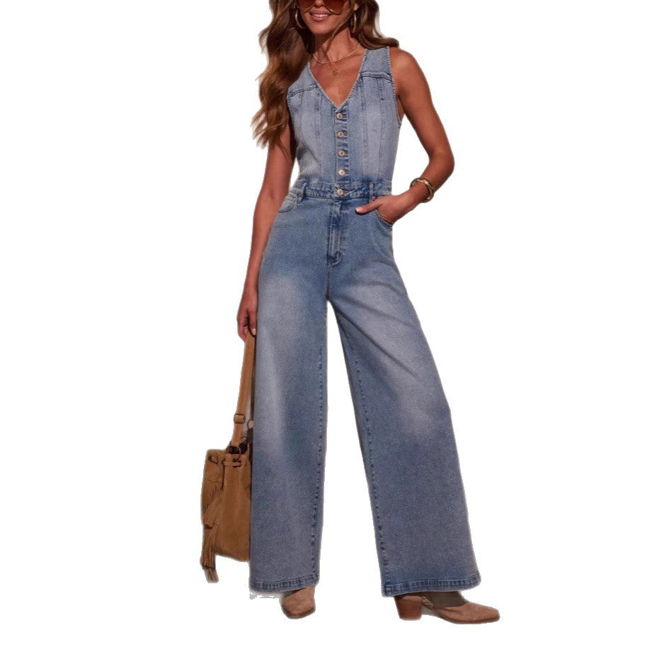 Damen Weit geschnittene Jeans-Jumpsuit mit Knopfleiste und tiefem V-Ausschnitt EB