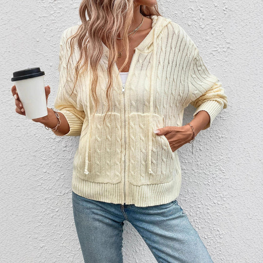Damen gestreifte Strickjacke mit Reißverschluss und Kapuze EB