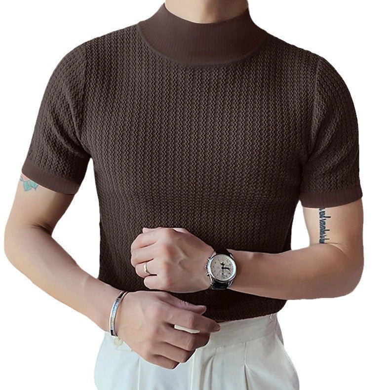 Herren nan kurzärmliges Stehkragen-Feinstrickshirt mit feiner Rippstruktur EB