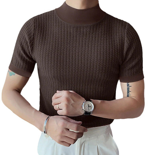 Herren nan kurzärmliges Stehkragen-Feinstrickshirt mit feiner Rippstruktur EB
