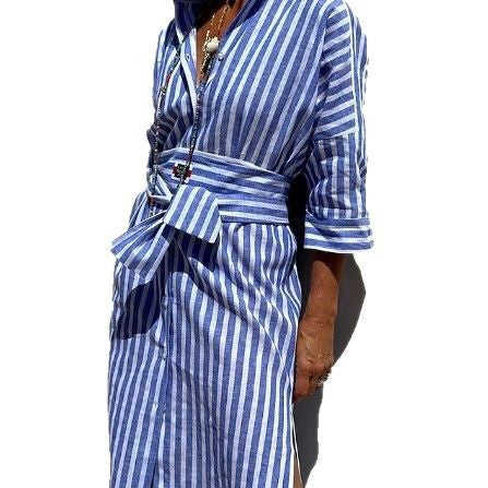 Damen Langarmhemd Kleid mit Gürtel und Streifen EB