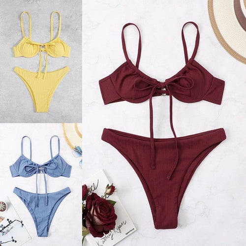 Damen Rippbikini mit verstellbaren Trägern und raffinierten Schnürdetails EB