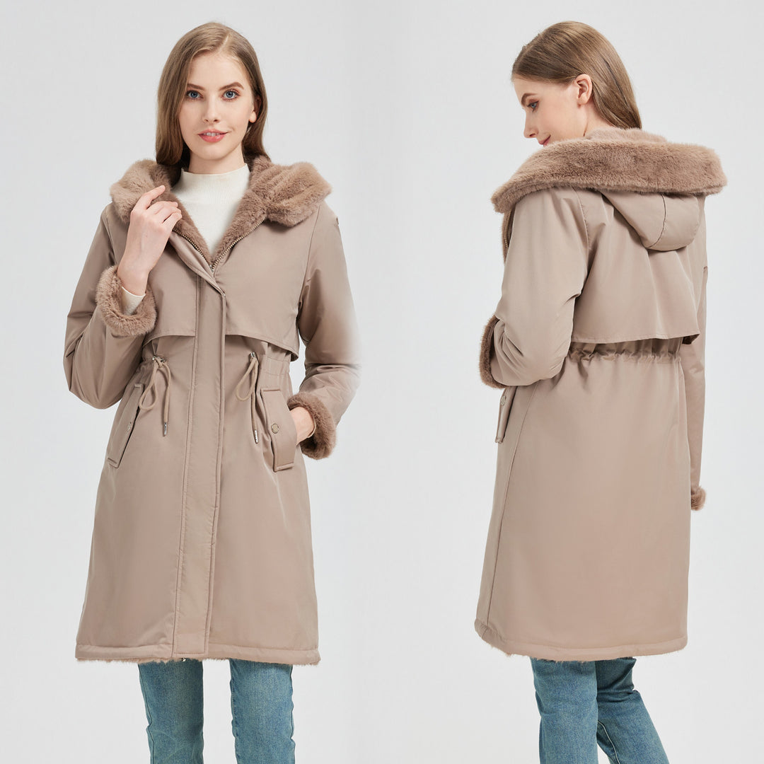 Damen nan langer Parka mit abnehmbarer Kunstfellkapuze und taillenverstellendem Kordelzug EB