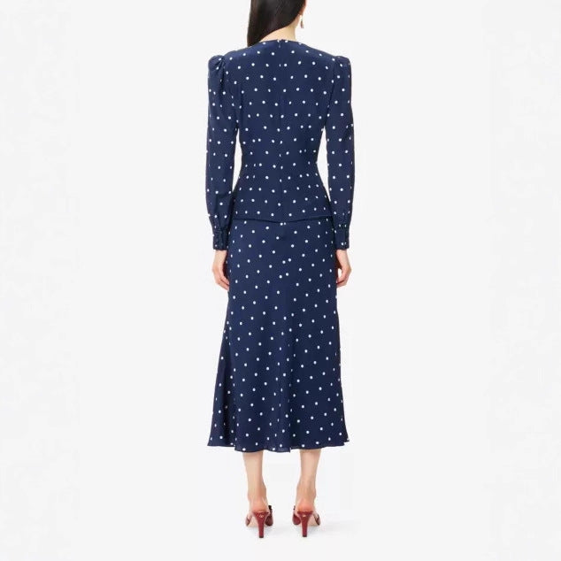 Damen Midikleid mit Punkteprint, tiefem V‑Ausschnitt, Wickelraffung und langen Ärmeln EB